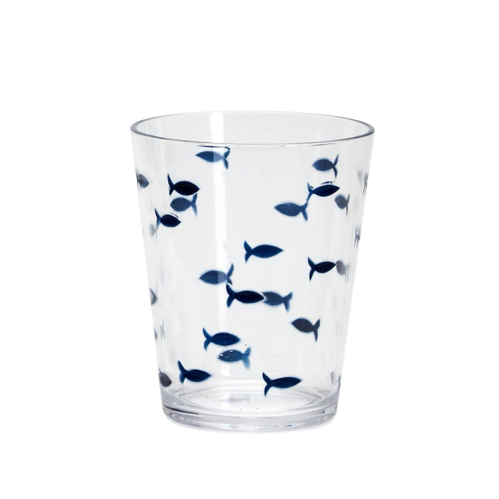 Blue Fish Acrylic Double Old Fashioned Glass, 16 Oz Shatterproof Drinking Glass with Swimming Fish Design