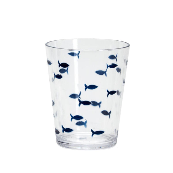 Blue Fish Acrylic Double Old Fashioned Glass, 16 Oz Shatterproof Drinking Glass with Swimming Fish Design