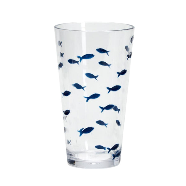 Blue Fish Acrylic Highball Tumbler, 19 Oz Shatterproof Drinking Glass with Swimming Fish Design