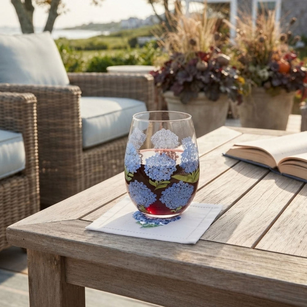 Hydrangea Stemless Wine Glass, Coastal Housewarming Gifts, Beach House Glassware