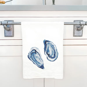 Blue Oyster Bloom Cotton Tea Towel With Watercolor Oyster Design, Coastal Kitchen Decor, Nautical Dish Towel