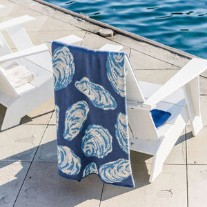 Blue Oyster Cotton Knit Throw Blanket, Coastal Throw Blanket, Beach House Decor, Navy Blue Oyster Shell Pattern, Outdoor Patio Blanket