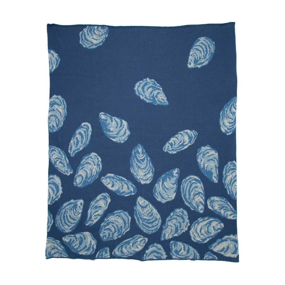 Blue Oyster Cotton Knit Throw Blanket, Navy Blue Coastal Blanket, Oyster Shell Pattern Throw, Beach House Decor, Made in USA, 50 x 60 Inch Throw Blanket