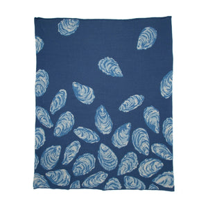 Blue Oyster Cotton Knit Throw Blanket, Navy Blue Coastal Blanket, Oyster Shell Pattern Throw, Beach House Decor, Made in USA, 50 x 60 Inch Throw Blanket