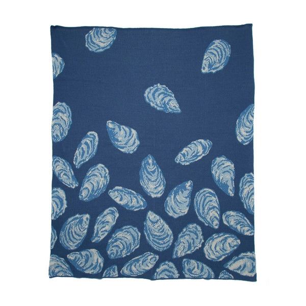 Blue Oyster Cotton Knit Throw Blanket, Navy Blue Coastal Blanket, Oyster Shell Pattern Throw, Beach House Decor, Made in USA, 50 x 60 Inch Throw Blanket