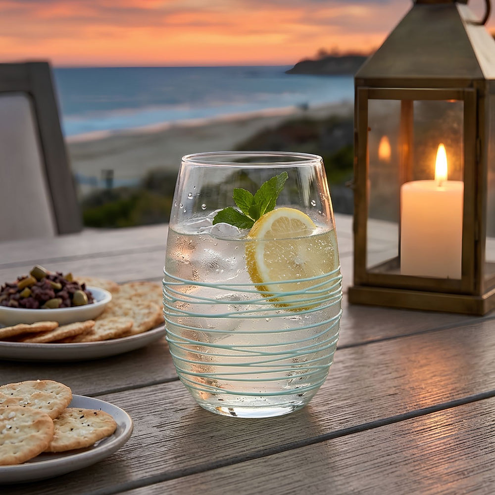 Blue Swirl Textured Stemless Wine Glass With Raised Spun Glass Detail, Coastal Drinkware and Decorative Stemless Wine Glass
