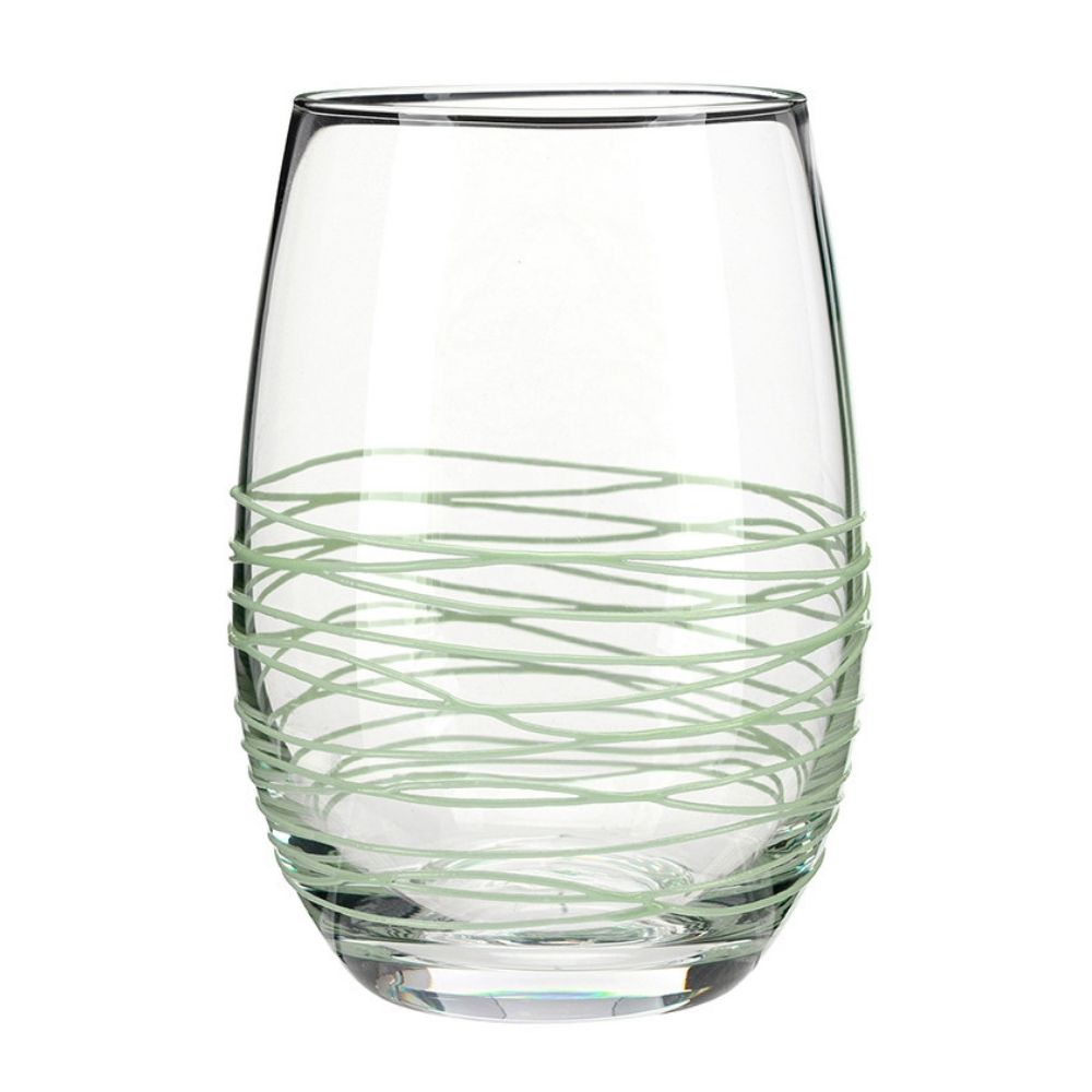 Blue Swirl Textured Stemless Wine Glass With Raised Spun Glass Detail, Coastal Drinkware and Decorative Stemless Wine Glass