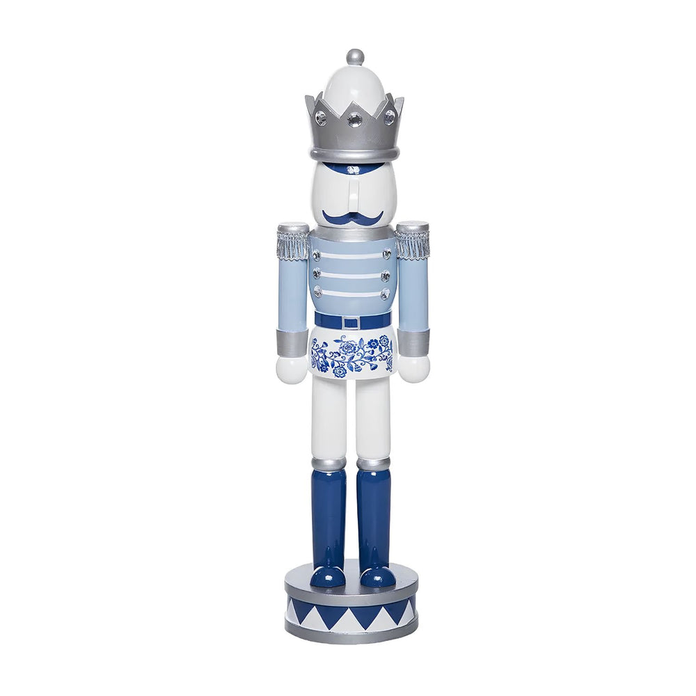 15-Inch Blue And White Chinoiserie Nutcracker Figurine With Floral Details And Silver Accents For Christmas Décor