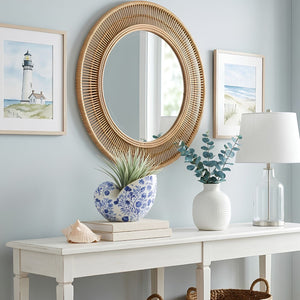 Blue and White Chinoiserie Ceramic Shell Planter Styled With Greenery on a Console Table Beneath a Rattan Mirror, Coastal Home Decor and Housewarming Gift