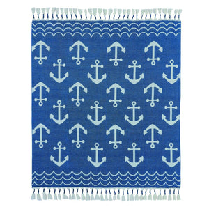 Blue and White Reversible Anchor Print Throw Blanket With Repeating Nautical Anchors, Wave Borders, and Tassel Fringe, Coastal Blankets