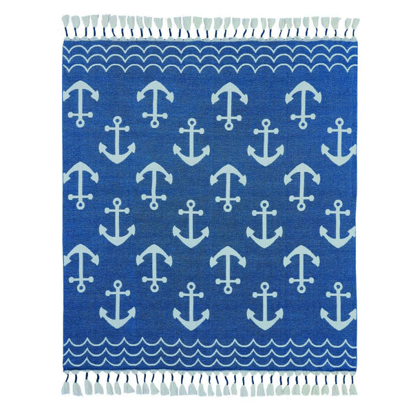 Blue and White Reversible Anchor Print Throw Blanket With Repeating Nautical Anchors, Wave Borders, and Tassel Fringe, Coastal Blankets