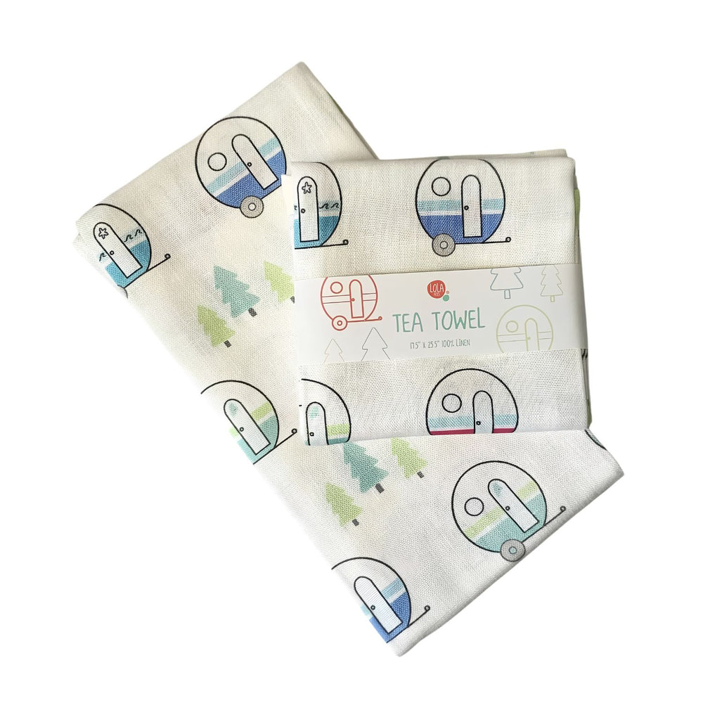 Camper Linen Tea Towel Featuring Colorful Vintage Camper Trailers and Pine Trees on Natural Linen, Coastal Kitchen Decor and Camping Gift
