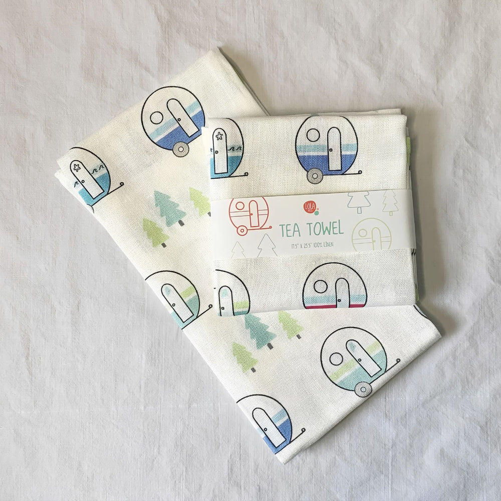 Camper Linen Tea Towel Featuring Colorful Vintage Camper Trailers and Pine Trees on Natural Linen, Coastal Kitchen Decor and Camping Gift