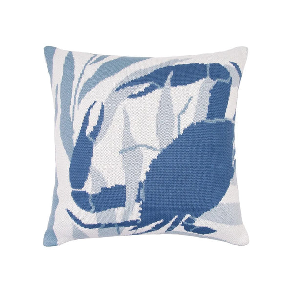A 20 x 20 inch knit throw pillow featuring a detailed blue crab framed in soft seagrass on a pale blue background, perfect for indoor or outdoor coastal décor.