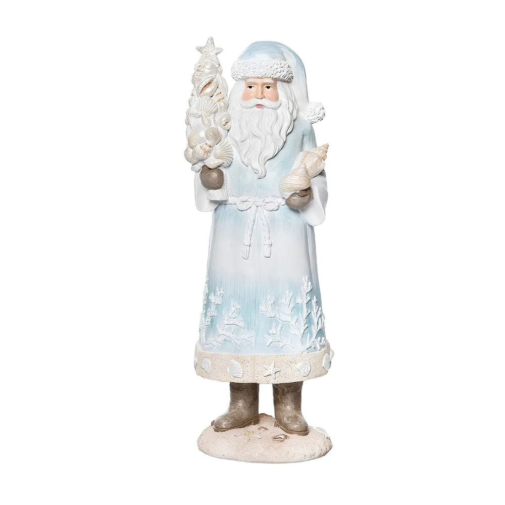 Christmas Beach Santa Claus Figurine In Icy Blue With Seashell Christmas Tree And Coastal Holiday Décor Details