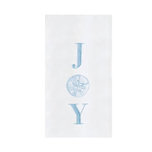 Christmas Joy Coastal Kitchen Towel With Light Blue Embroidered Lettering And Sand Dollar Design