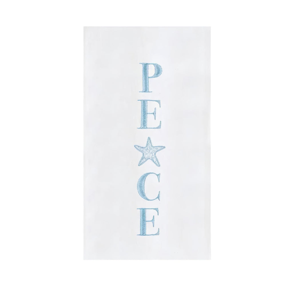 Christmas Peace Coastal Kitchen Towel With Light Blue Embroidery And Starfish Design, Coastal Holiday Decor