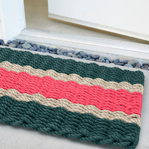 Christmas Spruce, Light Tan and Nantucket Red Wicked Good Lobster Rope™ Doormat Featuring Striped Marine-Grade Rope, Handwoven Maine Doormat and Durable Outdoor Welcome Mat