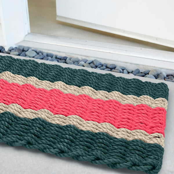 Christmas Spruce, Light Tan and Nantucket Red Wicked Good Lobster Rope™ Doormat Featuring Striped Marine-Grade Rope, Handwoven Maine Doormat and Durable Outdoor Welcome Mat