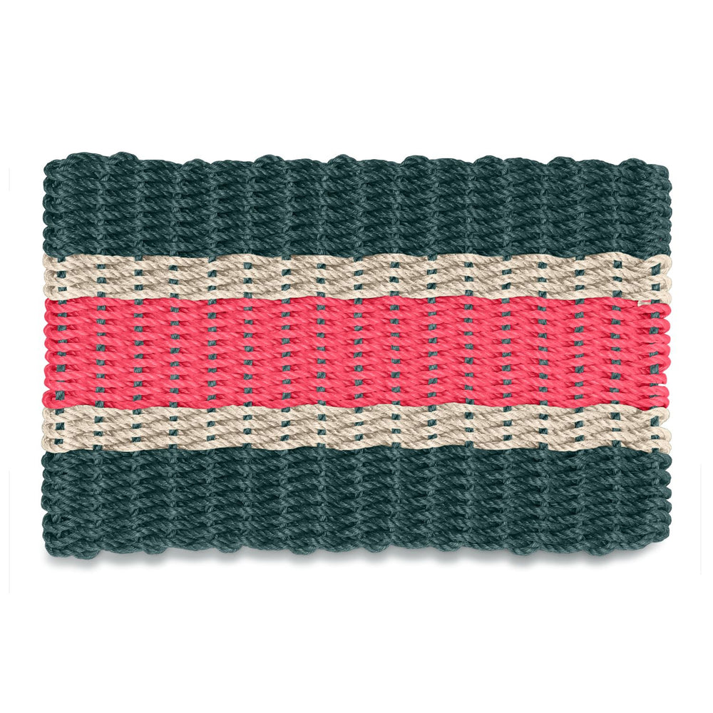 Christmas Spruce, Light Tan and Nantucket Red Wicked Good Lobster Rope™ Doormat at a Front Door, Handwoven Maine Outdoor Doormat and Coastal Christmas Decor