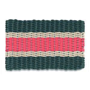 Christmas Spruce, Light Tan and Nantucket Red Wicked Good Lobster Rope™ Doormat at a Front Door, Handwoven Maine Outdoor Doormat and Coastal Christmas Decor