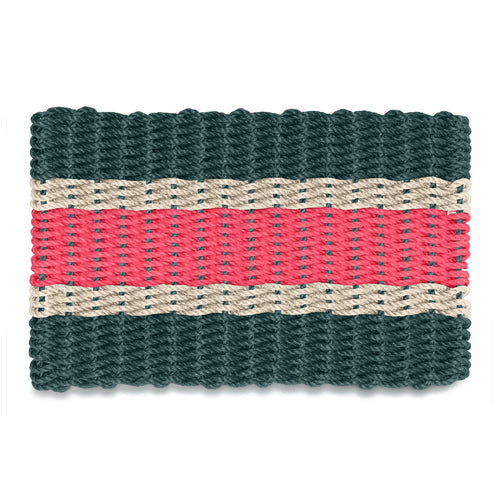 Christmas Spruce, Light Tan and Nantucket Red Wicked Good Lobster Rope™ Doormat at a Front Door, Handwoven Maine Outdoor Doormat and Coastal Christmas Decor