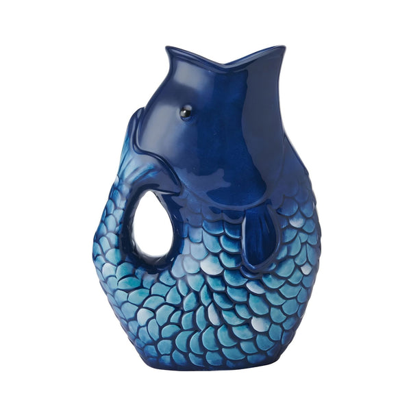 Coastal Blue Fin Pitcher Fish-Shaped Blue Earthenware Serving Pitcher, Nautical Housewarming Gifts