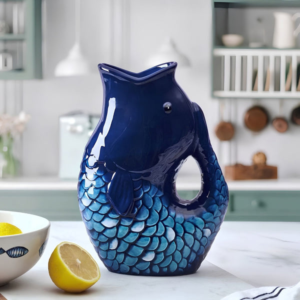 Coastal Blue Fin Pitcher Hand-Painted Blue Fish Design On Kitchen Counter, Ocean Lover Gift Ideas