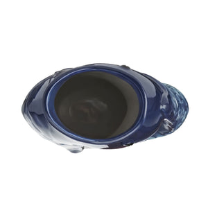 Coastal Blue Fin Pitcher Top View Showing Earthenware Opening, Fish Shaped Water Pitcher, Nautical Beverage Carafe