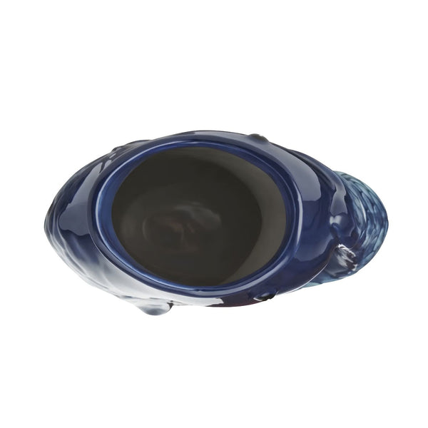 Coastal Blue Fin Pitcher Top View Showing Earthenware Opening, Fish Shaped Water Pitcher, Nautical Beverage Carafe