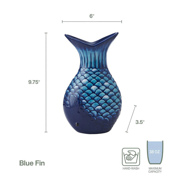 Coastal Blue Fin Vase 9.75 Inch, Coastal Home Decor, Nautical Gifts, Fish Decor Ideas