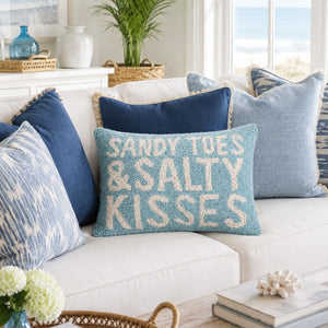 Coastal Blue Sandy Toes and Salty Kisses Hook Throw Pillow Styled on a White Sofa With Navy and Blue Accent Pillows, Coastal Living Room Decor, Beach House Throw Pillows
