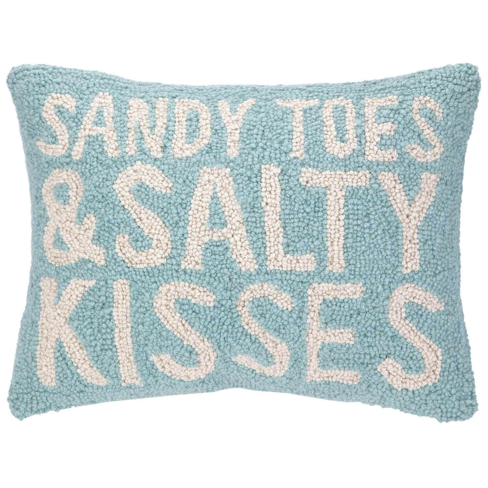 Coastal Blue Sandy Toes and Salty Kisses Hook Throw Pillow With Cream Wool Lettering, Coastal Home Decor, Beach House Pillows