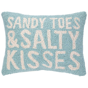 Coastal Blue Sandy Toes and Salty Kisses Hook Throw Pillow With Cream Wool Lettering, Coastal Home Decor, Beach House Pillows