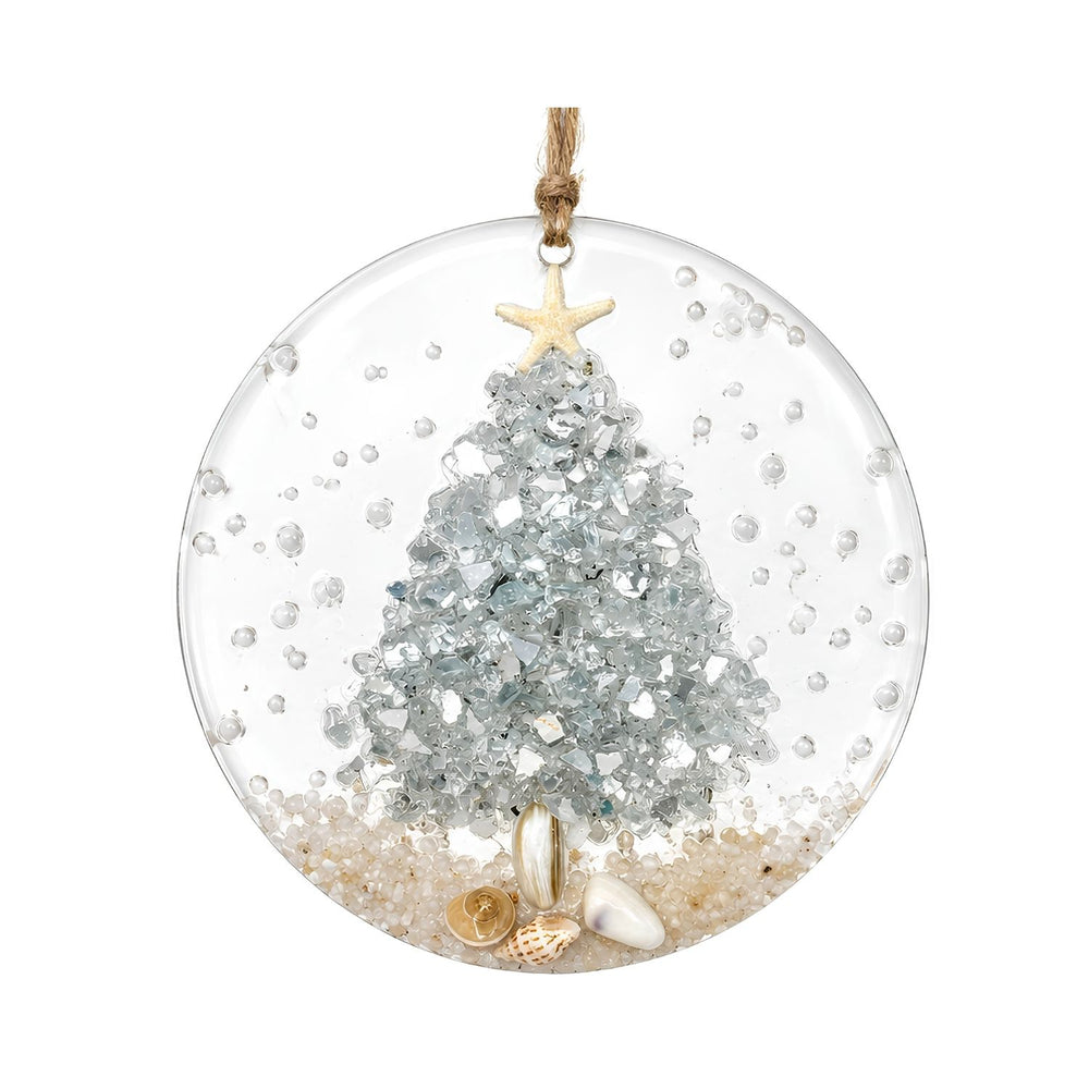 Coastal Christmas Ornament With Silver Crushed Glass Tree, Seashells, Starfish, Beach Decor, And Clear Acrylic