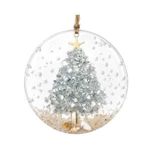 Coastal Christmas Ornament With Silver Crushed Glass Tree, Seashells, Starfish, Beach Decor, And Clear Acrylic