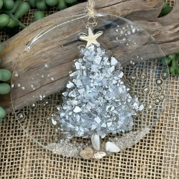 Silver Coastal Christmas Ornament With Crushed Glass Tree, Starfish, Seashells, Beach Decor, And Acrylic Hanging Design