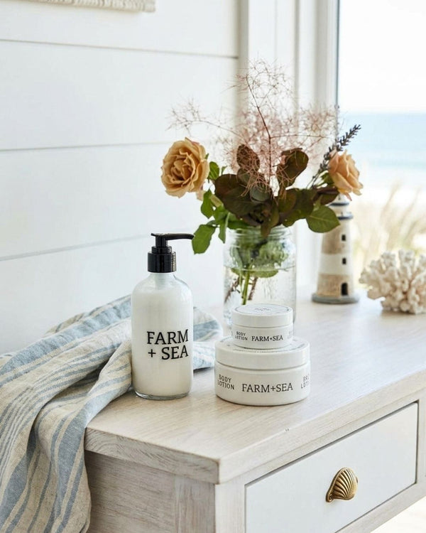 Coastal Farm + Sea Body Lotion, 2 Oz and 8 Oz Jars and 8 Oz Pump Bottle, Coastal Bathroom Decor