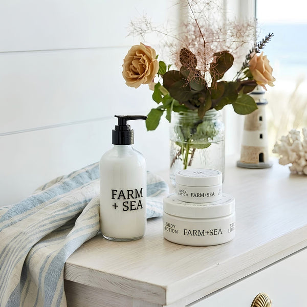 Coastal Farm + Sea Body Lotion, 2 Oz and 8 Oz Jars and 8 Oz Pump Bottle, Beach Skin Care, Coastal Bathroom Decor