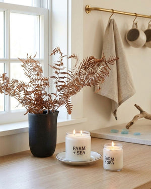 Coastal Farm + Sea Candles, 5.5 Oz and 14 Oz Sizes, White Glass Jars on Kitchen Counter