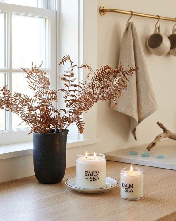 Coastal Farm + Sea Candles, 5.5 Oz and 14 Oz Sizes, White Glass Jars on Kitchen Counter