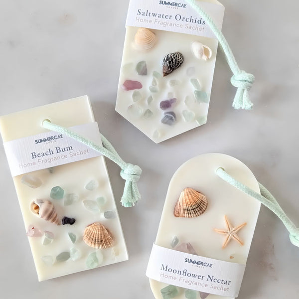 Assorted Coastal Scented Wax Sachets with Seashells, Hanging Home Fragrance Scents