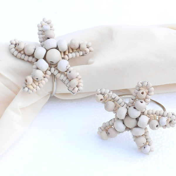 Starfish Napkin Ring With Natural Wood Beads And Twisted Metal Wire, Coastal Napkin Accessories, Beach House Table Decor And Seaside Dining