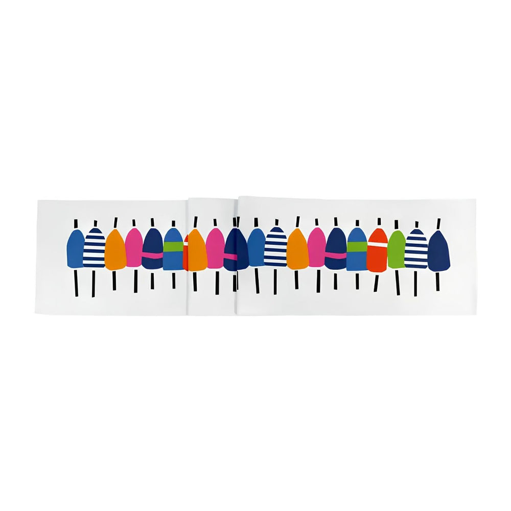 Colorful Buoys Cotton Table Runner with Multicolor Buoy Design for Coastal Dining Table, Beach House Kitchen and Nautical Decor