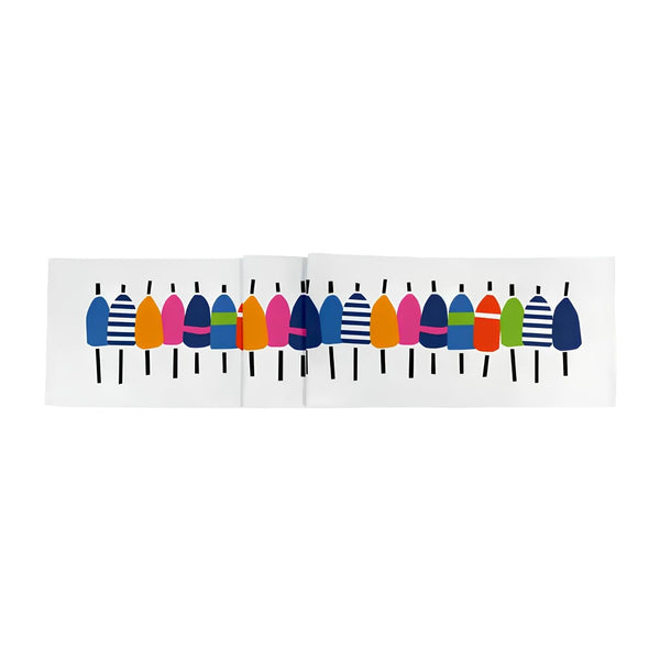 Colorful Buoys Cotton Table Runner with Multicolor Buoy Design for Coastal Dining Table, Beach House Kitchen and Nautical Decor
