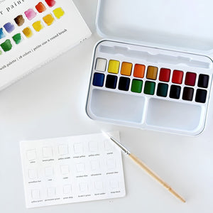Open Watercolor Paint Set with 18 Colors, Mixing Trays, Brush, and Color Swatching Card, Gift for Artists