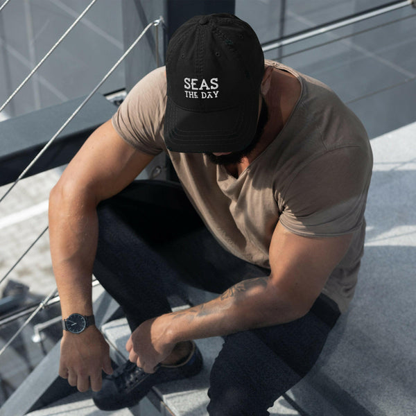 Seas The Day Print, Black Front Distressed Hat, Baseball Cap