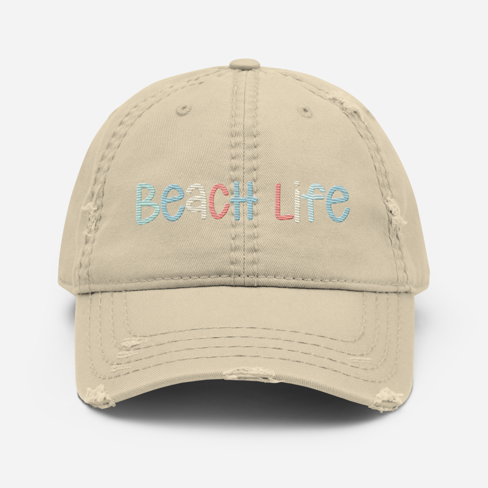 Beach Life Distressed Hat, Baseball Cap  New England Trading Co Khaki  