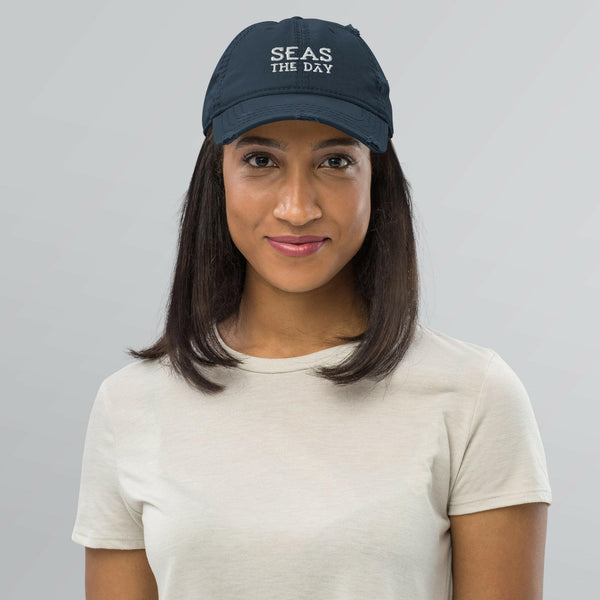 Seas The Day Print, Navy Distressed Hat, Baseball Cap