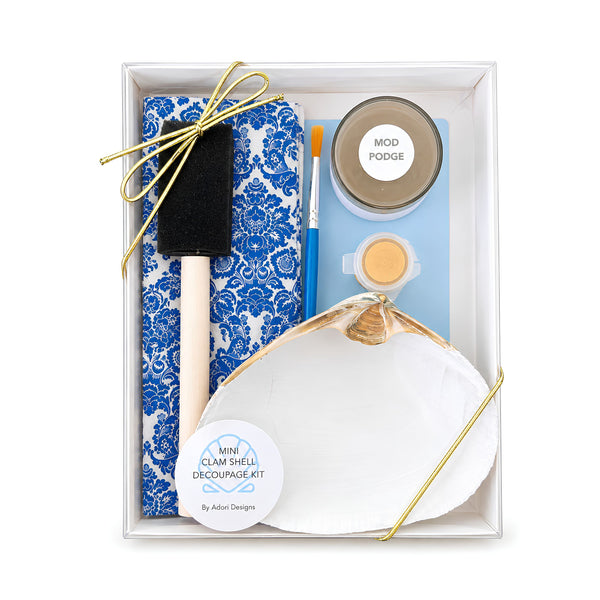 Blue Damask Seashell Decoupage Kit With Craft Supplies And Clam Shell, Nautical Art Gifts